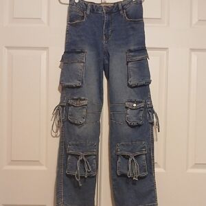 Lovetrends Blue Cargo Jeans with Multiple Pockets (stretch)